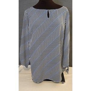 Talbots Size M Blouse Chiffon Herringbone Stripe‎ Tie Sleeves Keyhole Neckline